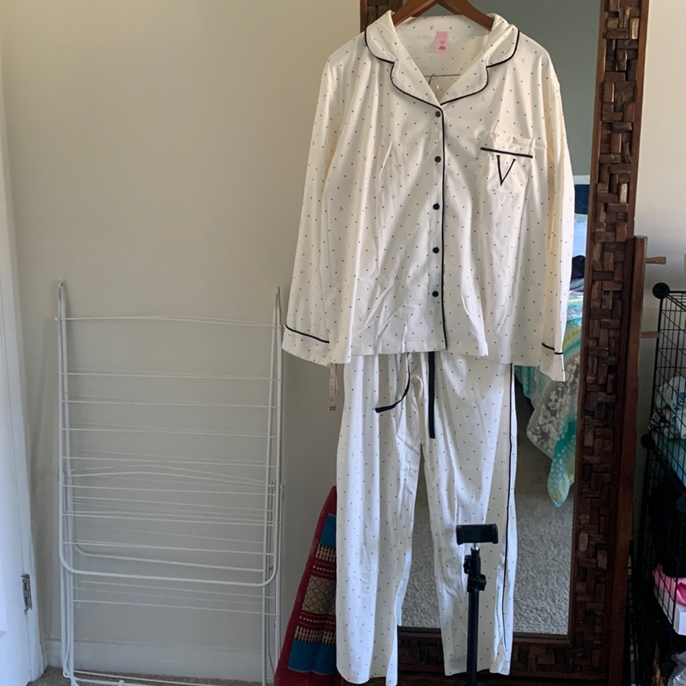 Victoria White polka dot Pajama Set with Black Accents